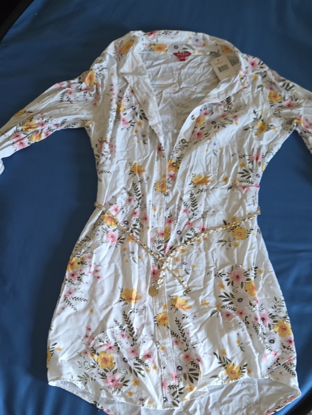 Guess White Floral Button-Front Mini Dress with Yellow & Pink Blooms